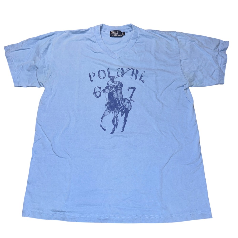Polo Ralph Lauren T-Shirt 2X Light Blue V-Neck Graphic Polo RL 67 Short Sleeve